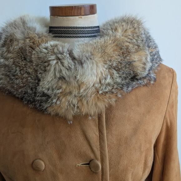 Vintage Brown Suede Fur Trim Penny Lane Jacket Furry Leather Trench Coat Medium - Picture 6 of 16